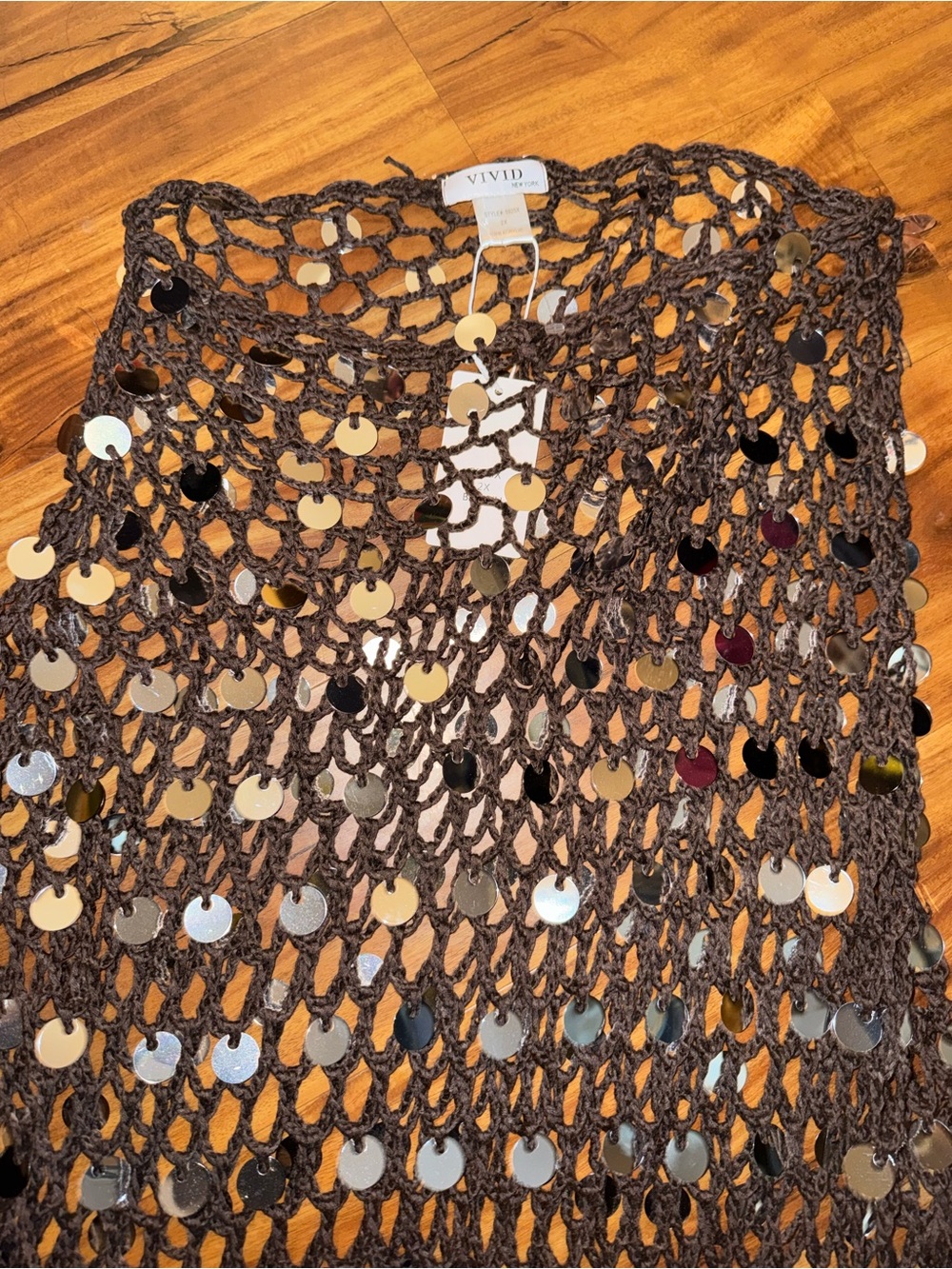 VIVID New York Brown Crochet Sequin Overlay/Swim Coverup - Picture 7 of 8